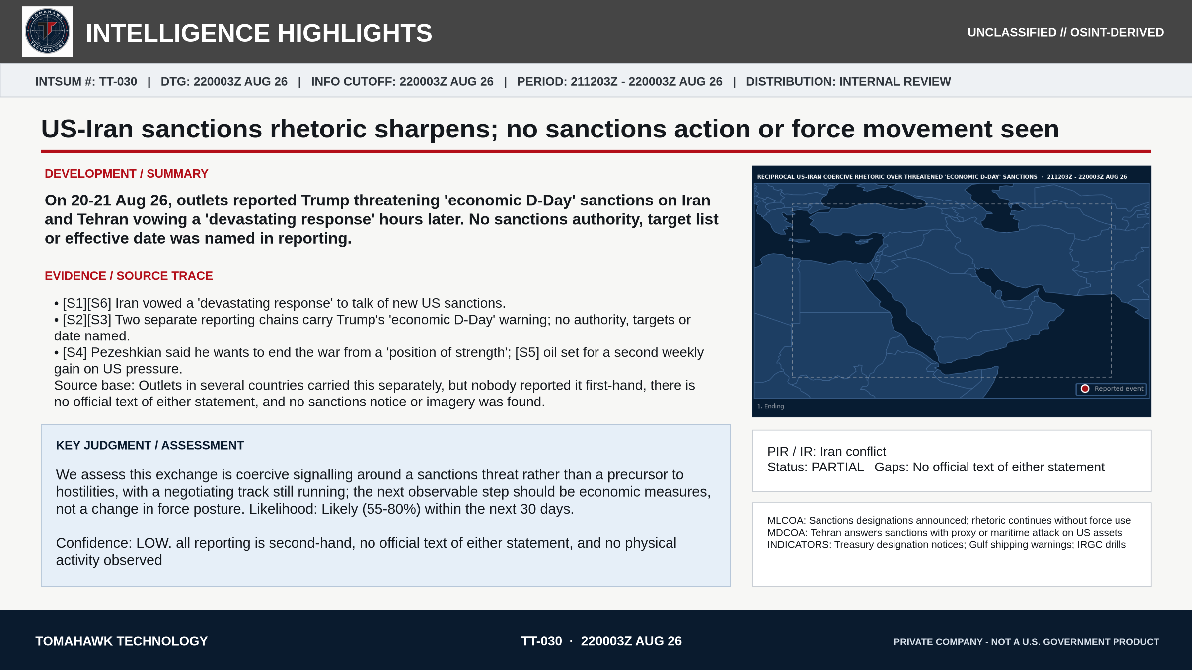US-Iran sanctions rhetoric sharpens; no sanctions action or force movement seen