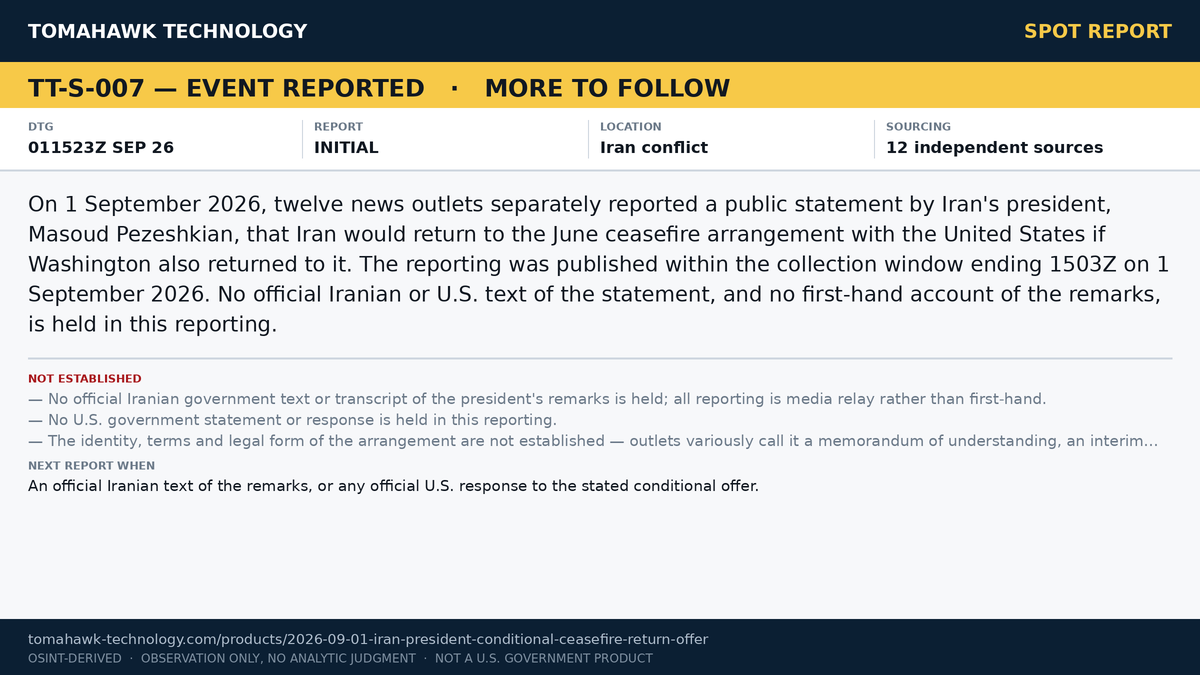 Iranian President States Iran Would Return to June Ceasefire Arrangement If U.S. Does Likewise