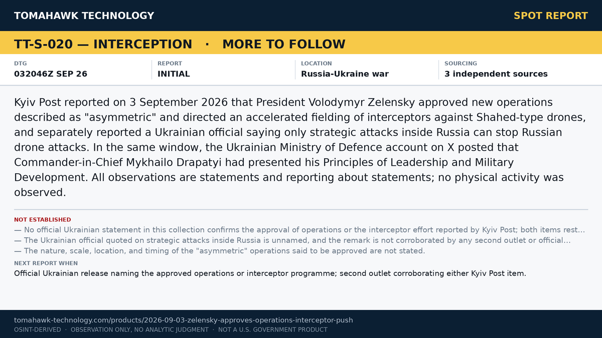 Kyiv Post Reports Zelensky Approval of New Operations and Interceptor Push; Ukrainian MoD Account Posts Commander-in-Chief Leadership Principles