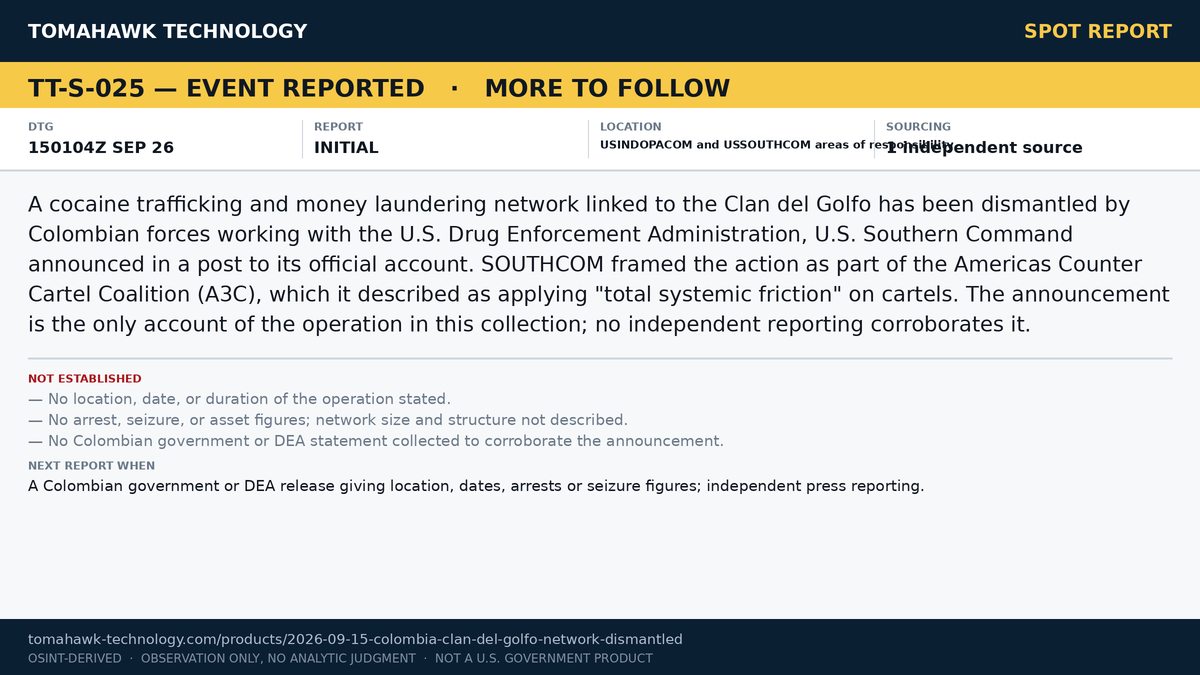 SOUTHCOM Announces Colombian-U.S. Operation Dismantling Clan del Golfo Cocaine and Money Laundering Network