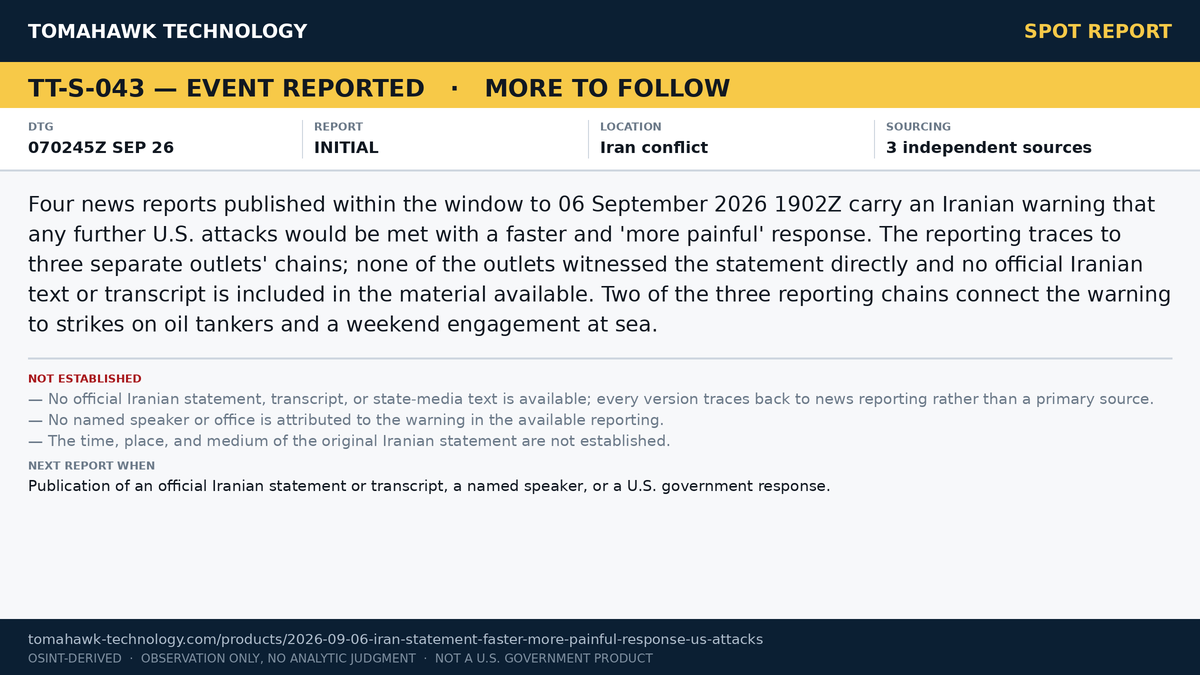 Media Reporting: Iran Warns of 'Faster, More Painful' Response to Further U.S. Attacks
