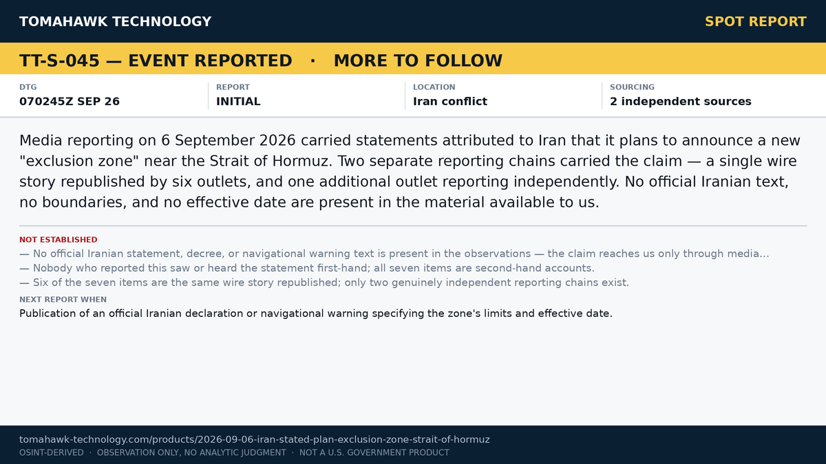 Media Report Iran Stated Plan to Announce New 'Exclusion Zone' Near Strait of Hormuz