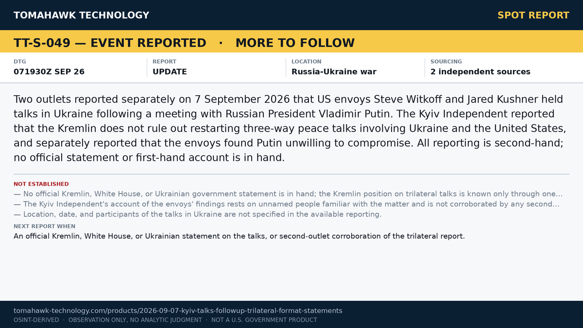 US Envoys Hold Talks in Ukraine After Putin Meeting; Kremlin Statement on Three-Way Format Reported