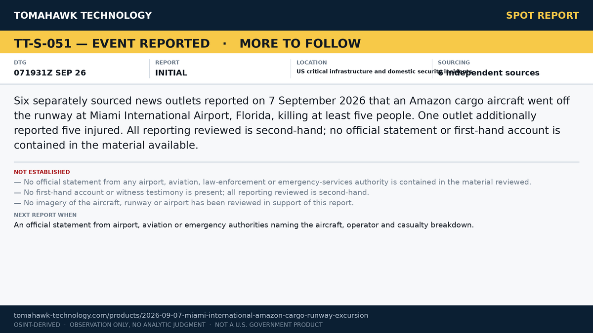 Media Report Amazon Cargo Aircraft Runway Excursion at Miami International Airport; Five Reported Killed