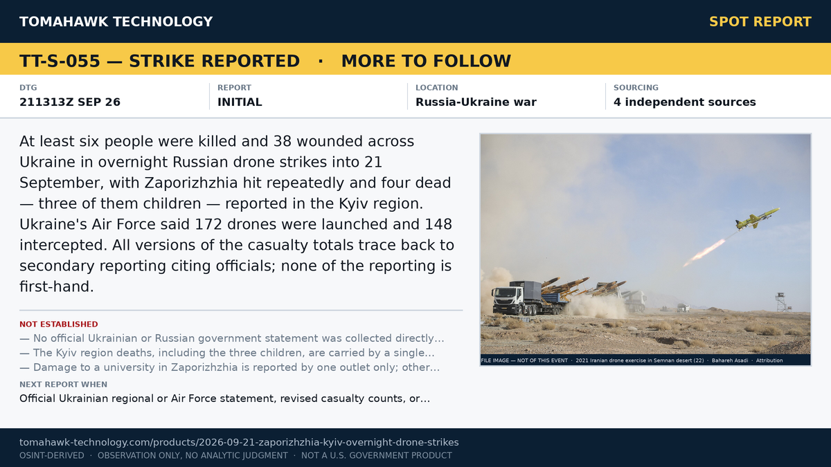 Overnight Russian Drone Strikes on Zaporizhzhia and Kyiv Region; 6 Reported Killed, 38 Wounded