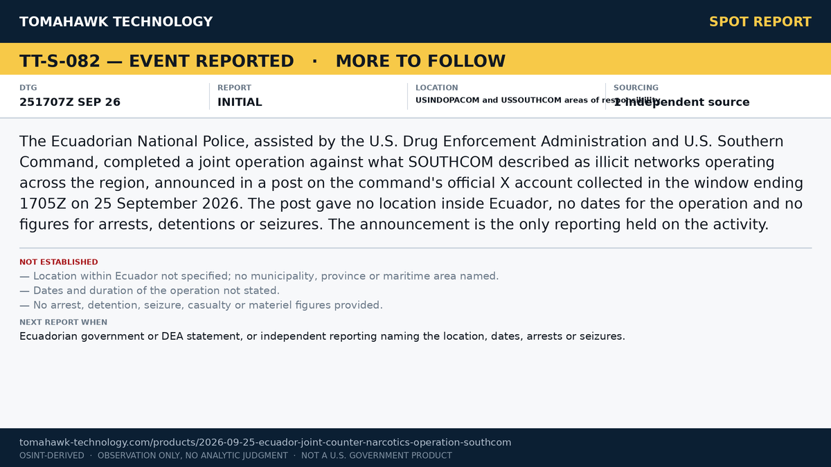 SOUTHCOM Announces Completed Joint Counter-Narcotics Operation with Ecuadorian National Police and DEA