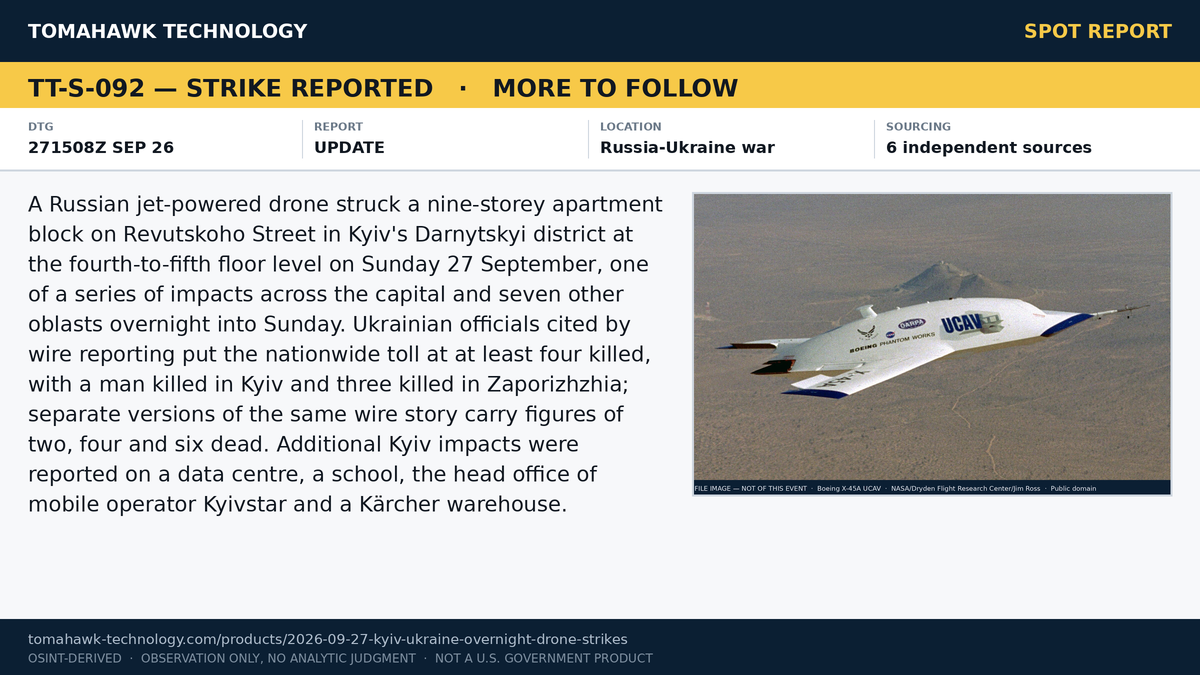 Drone Strikes on Kyiv and Seven Other Ukrainian Oblasts Overnight 26-27 September; Officials Cite At Least Four Killed