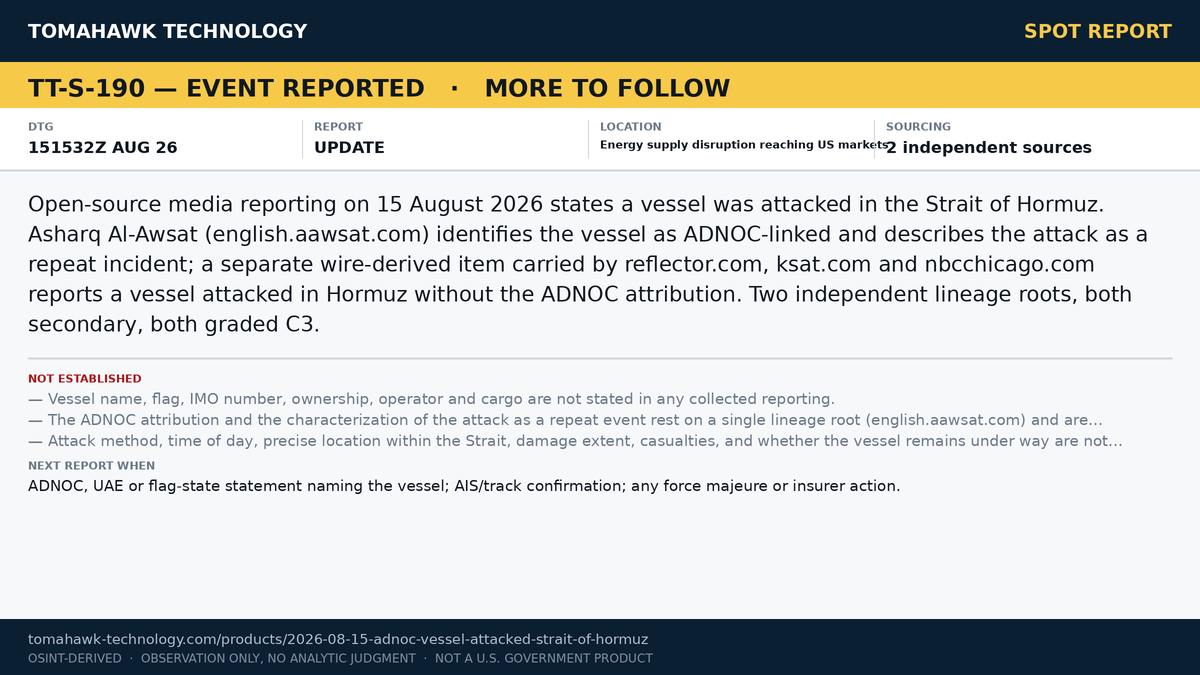 Media Report ADNOC-Linked Vessel Attacked in Strait of Hormuz, 15 August