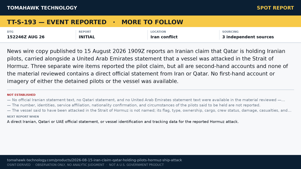 Iran Says Qatar Is Holding Iranian Pilots; Same Wire Copy Reports UAE Statement on Ship Attacked in Strait of Hormuz