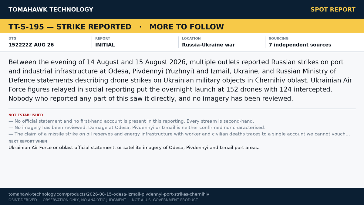 Russian Strikes Reported on Odesa, Pivdennyi and Izmail Ports and in Chernihiv Oblast
