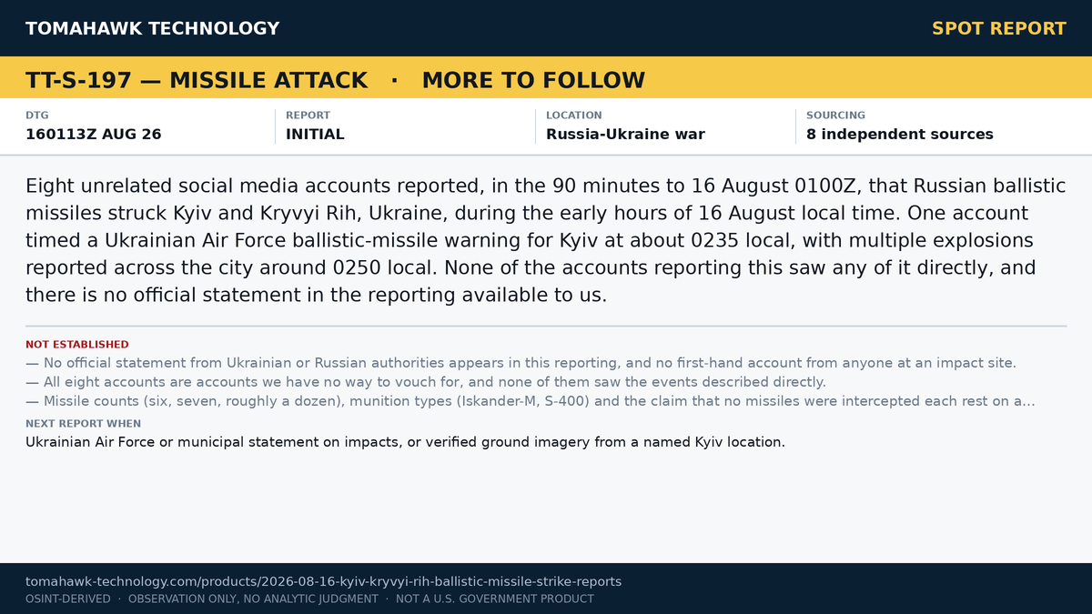 Social Media Accounts Report Ballistic Missile Impacts in Kyiv and Kryvyi Rih, Early 16 August