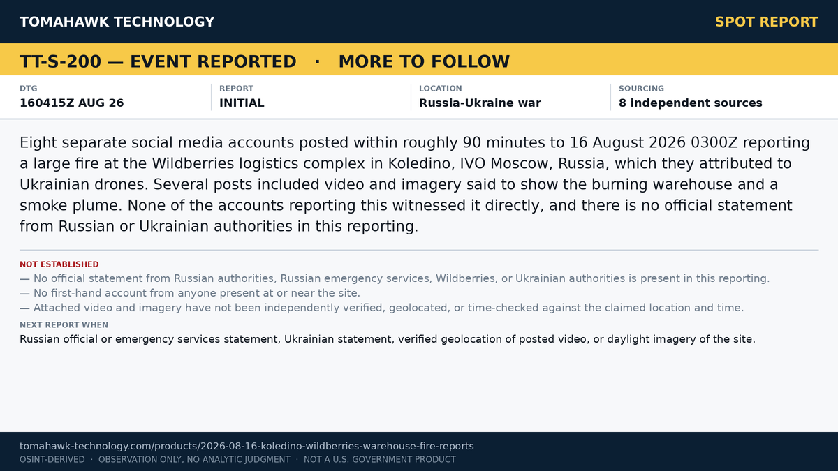 Social Media Accounts Report Fire at Wildberries Logistics Hub in Koledino, Moscow Oblast