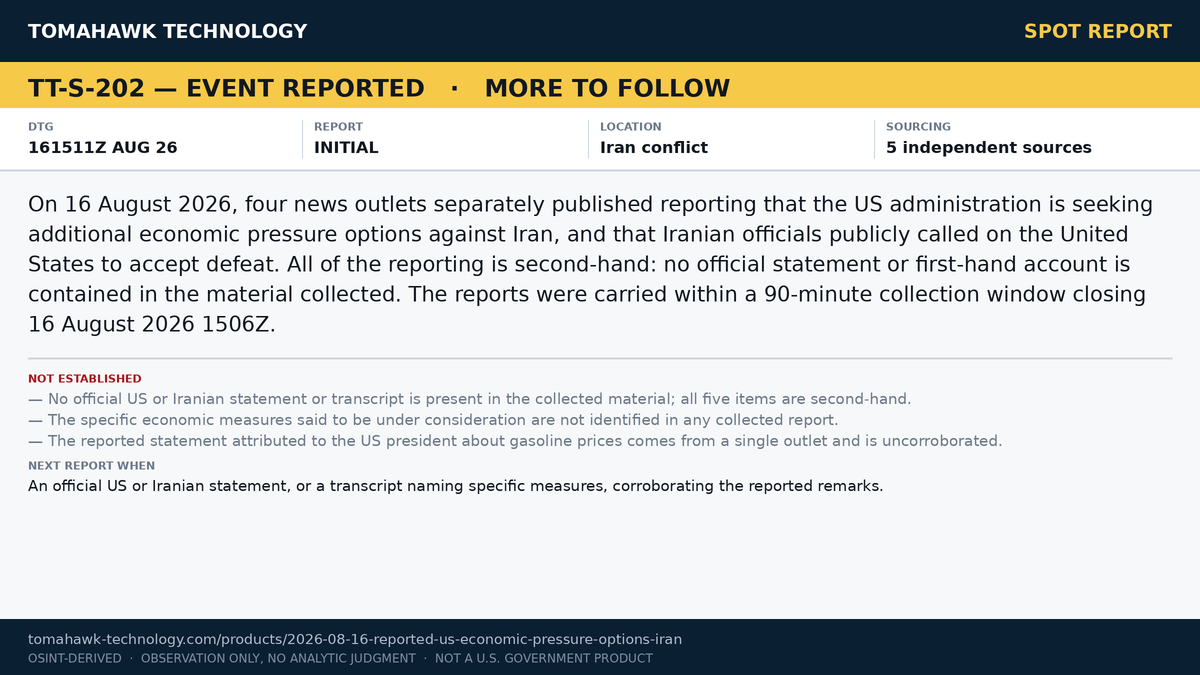 Four Outlets Report US Weighing Additional Economic Pressure Measures on Iran; Iranian Statement Reported Same Day