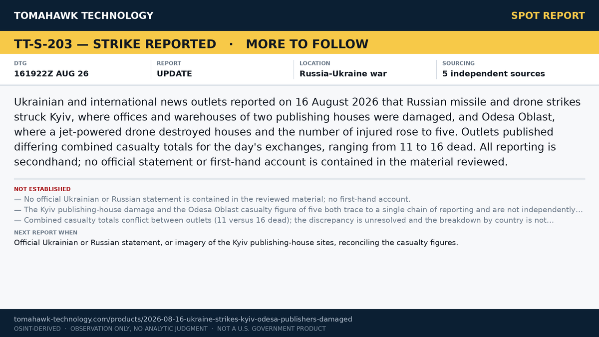 Media Report Russian Missile and Drone Strikes on Kyiv and Odesa Oblast, 16 August; Casualty Tolls Differ Between Outlets