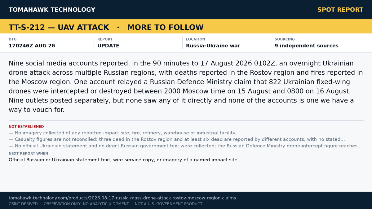 Social media accounts report overnight Ukrainian drone attack on Russia; casualties reported in Rostov region and fires near Moscow