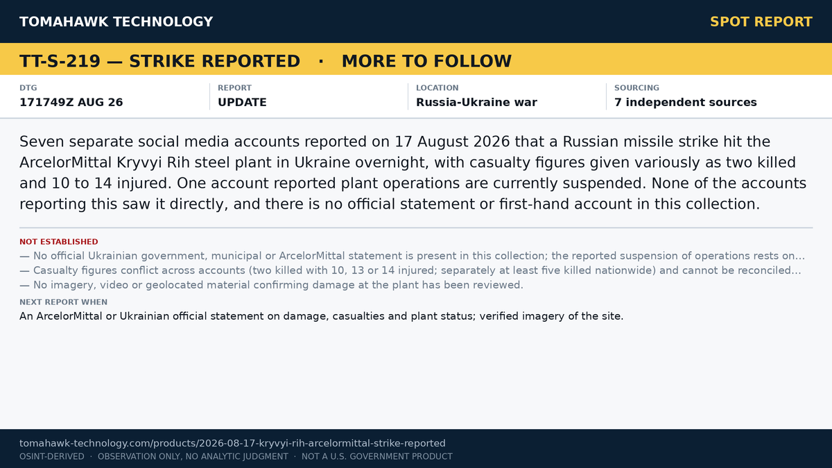 Social Media Accounts Report Russian Strike on ArcelorMittal Steel Plant at Kryvyi Rih; Operations Reported Suspended