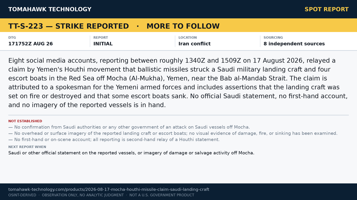 Houthi Forces Claim Ballistic Missile Strike on Saudi Landing Craft and Escort Boats off Mocha