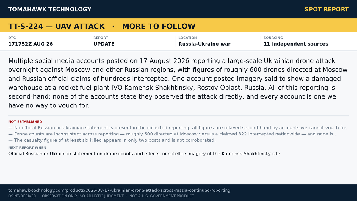 Social Media Accounts Report Large-Scale Ukrainian Drone Attack on Moscow and Other Russian Regions, 16-17 August