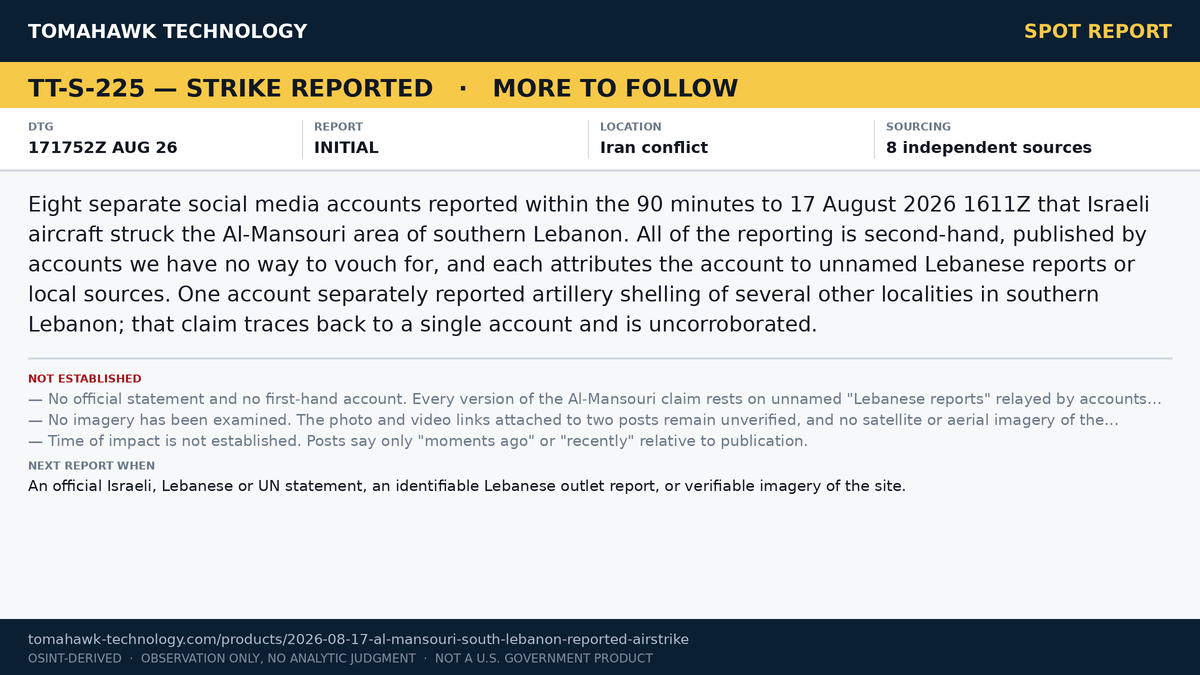 Social Media Accounts Report Israeli Airstrike at Al-Mansouri, Southern Lebanon
