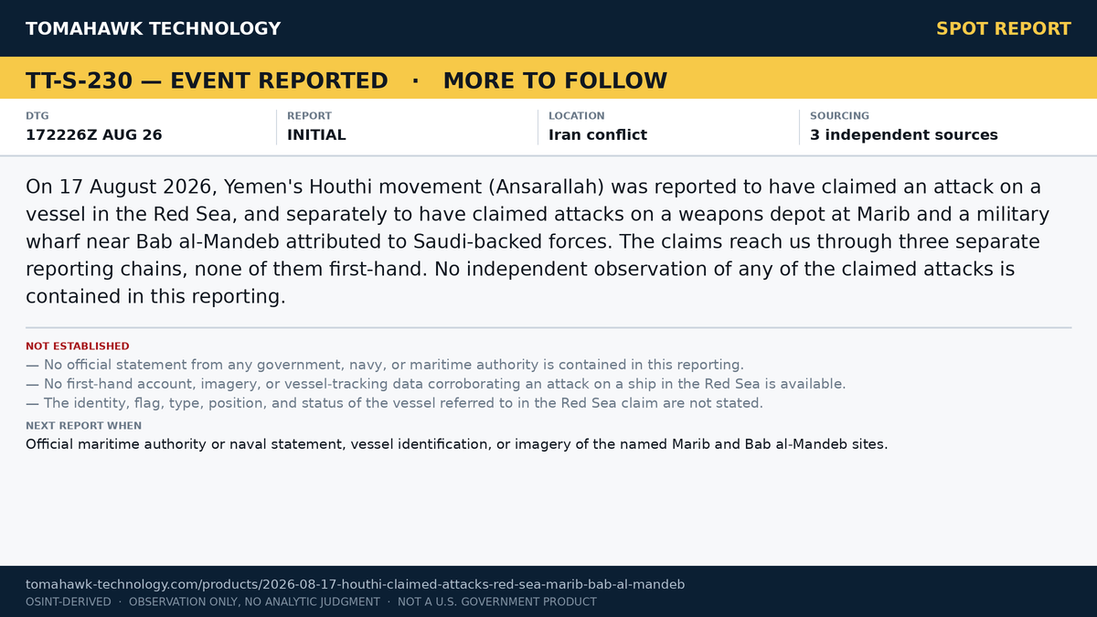 Houthi Movement Claims Attacks on Red Sea Vessel and on Positions at Marib and Bab al-Mandeb