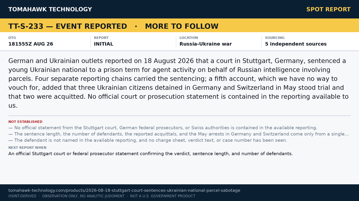 German Court in Stuttgart Sentences Ukrainian National Over Parcel-Sabotage Work for Russian Intelligence