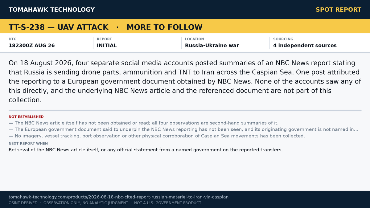 Social Media Accounts Circulate NBC News Report of Russian Drone Parts, Ammunition and TNT Sent to Iran via Caspian Sea