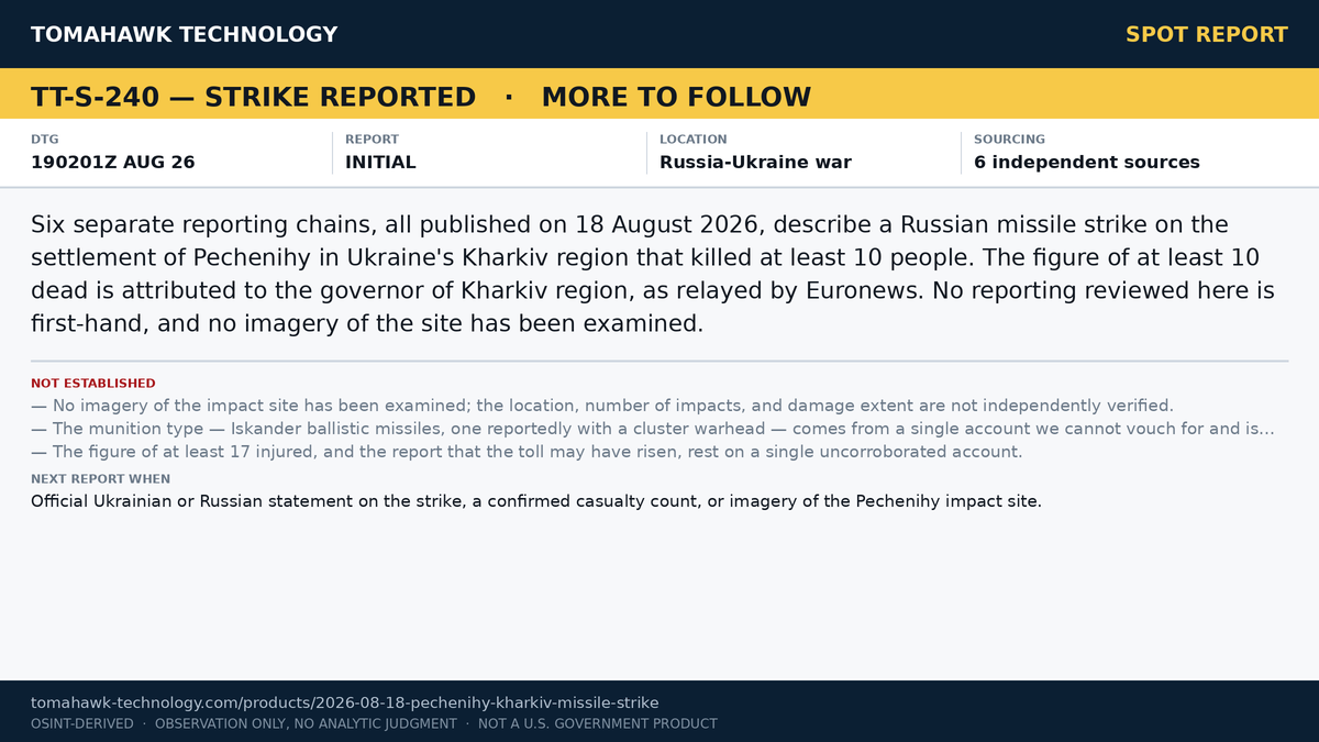 Reports of Missile Strike at Pechenihy, Kharkiv Region, With At Least 10 Killed