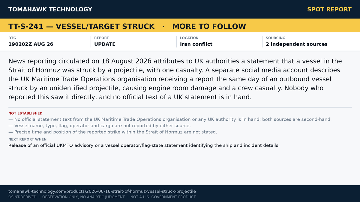 UK Authorities Reported as Saying Vessel Struck by Projectile in Strait of Hormuz, One Casualty