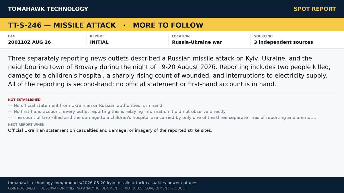 Outlets Report Missile Attack on Kyiv and Brovary, 19-20 August, With Casualties and Power Interruptions