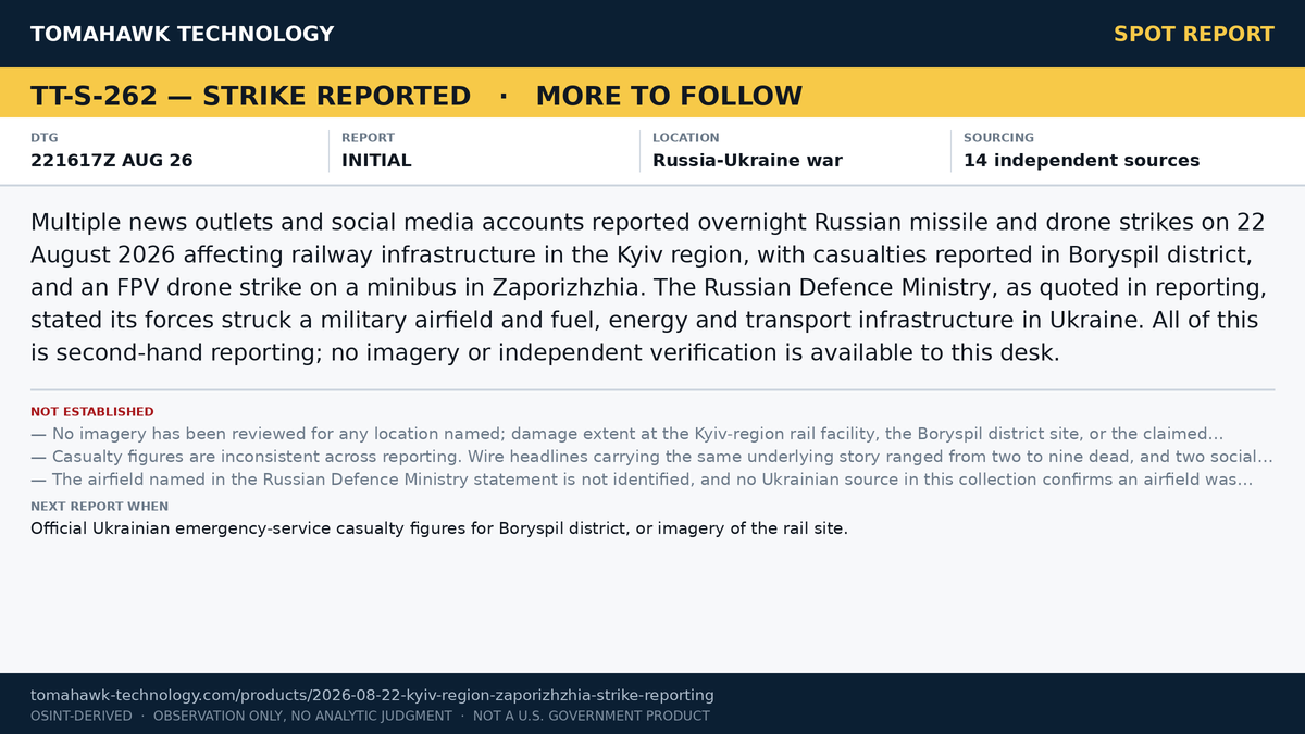 Reporting of Russian Strikes on Kyiv Region Rail Infrastructure and Zaporizhzhia, 22 August 2026