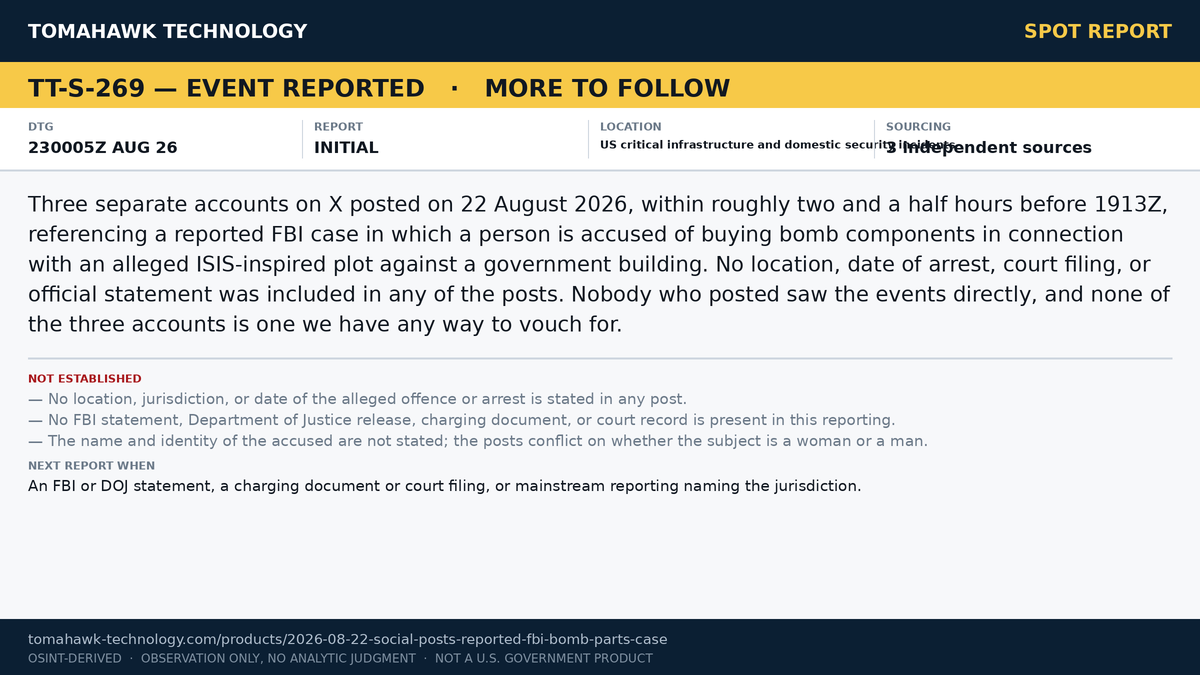 Social Media Posts Reference Reported FBI Case Involving Purchase of Bomb Components and Alleged Plot Against a Government Building