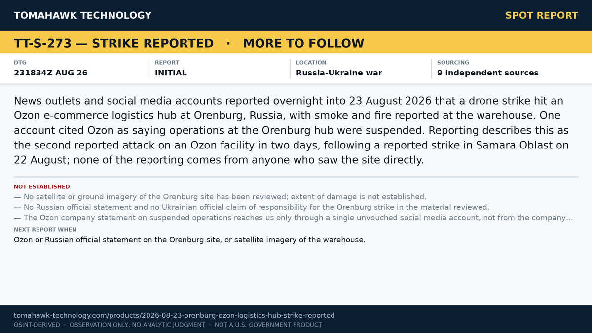 Reported Drone Strike on Ozon Logistics Hub at Orenburg, Russia