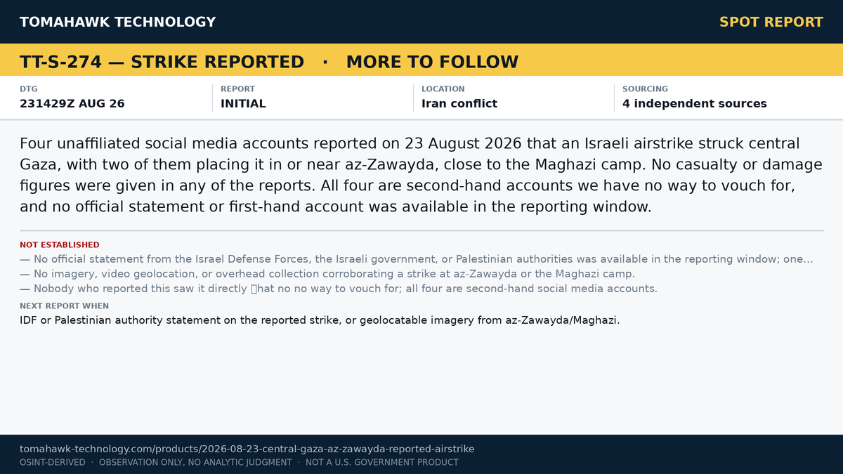 Social Media Accounts Report Israeli Airstrike Near az-Zawayda, Central Gaza