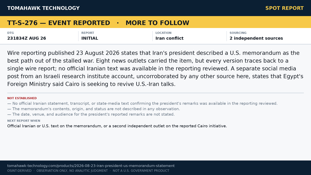 Iranian President Says U.S. Memorandum Is Best Path Out of Stalled War, Wire Reporting Says