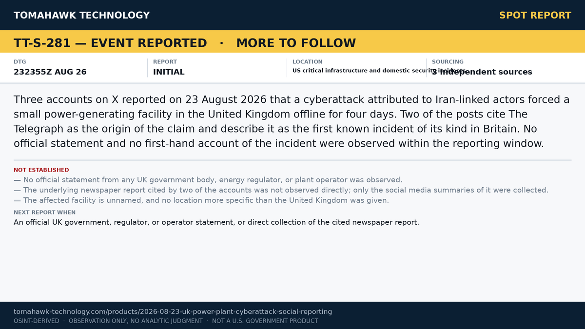 Social Media Accounts Report Iran-Linked Cyberattack Took UK Power Plant Offline for Four Days