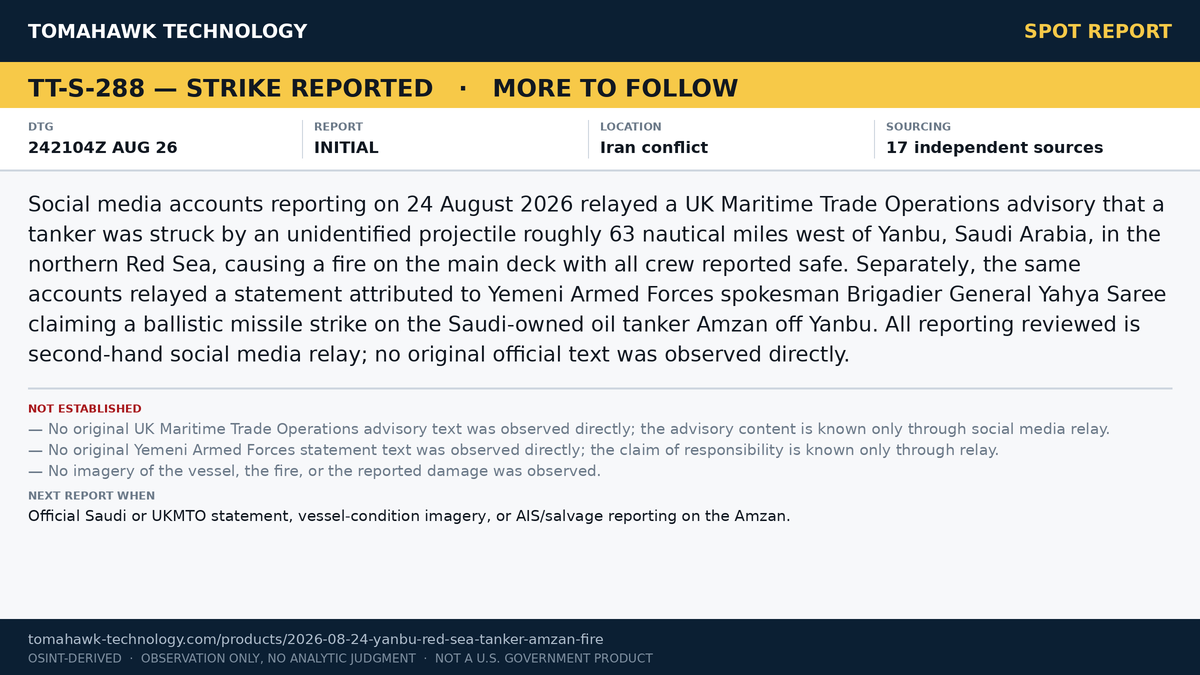 Tanker Amzan Reported Afire West of Yanbu; Yemeni Armed Forces Spokesman Claims Missile Strike