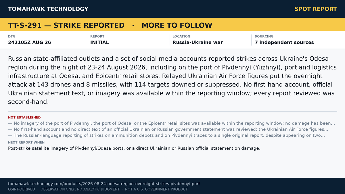 Overnight Strikes Reported Across Odesa Region, Including Pivdennyi Port and Retail Sites, 24 Aug