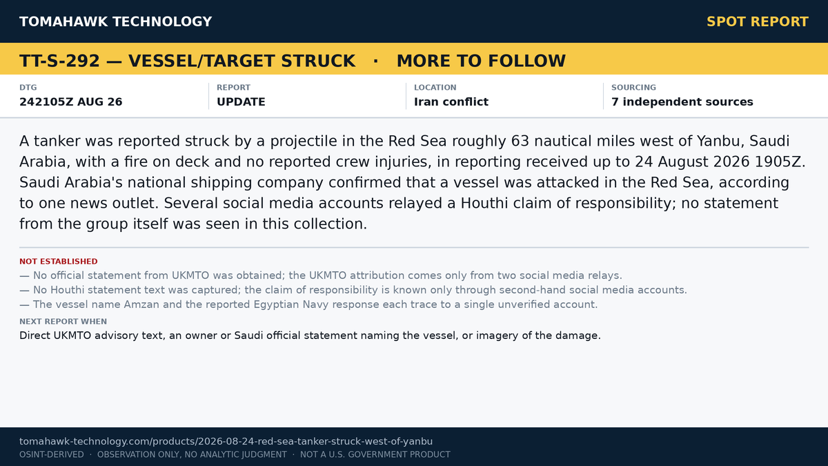 Tanker Reported Struck in Red Sea West of Yanbu; Saudi Shipping Company Confirms Attack