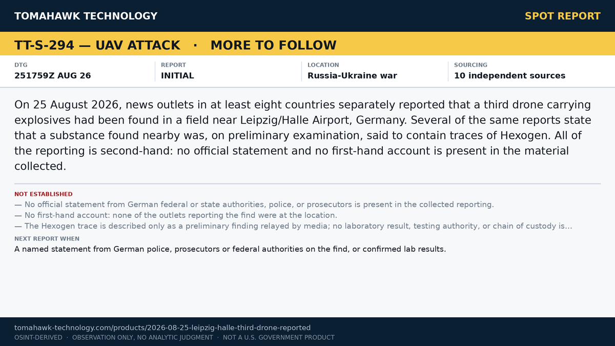 Multiple Outlets Report Third Drone Found Near Leipzig/Halle Airport, Germany; Explosive Traces Reported