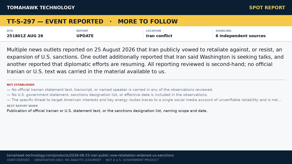 Iranian Statements Vow Response to Widened U.S. Sanctions, Reported by Multiple Outlets
