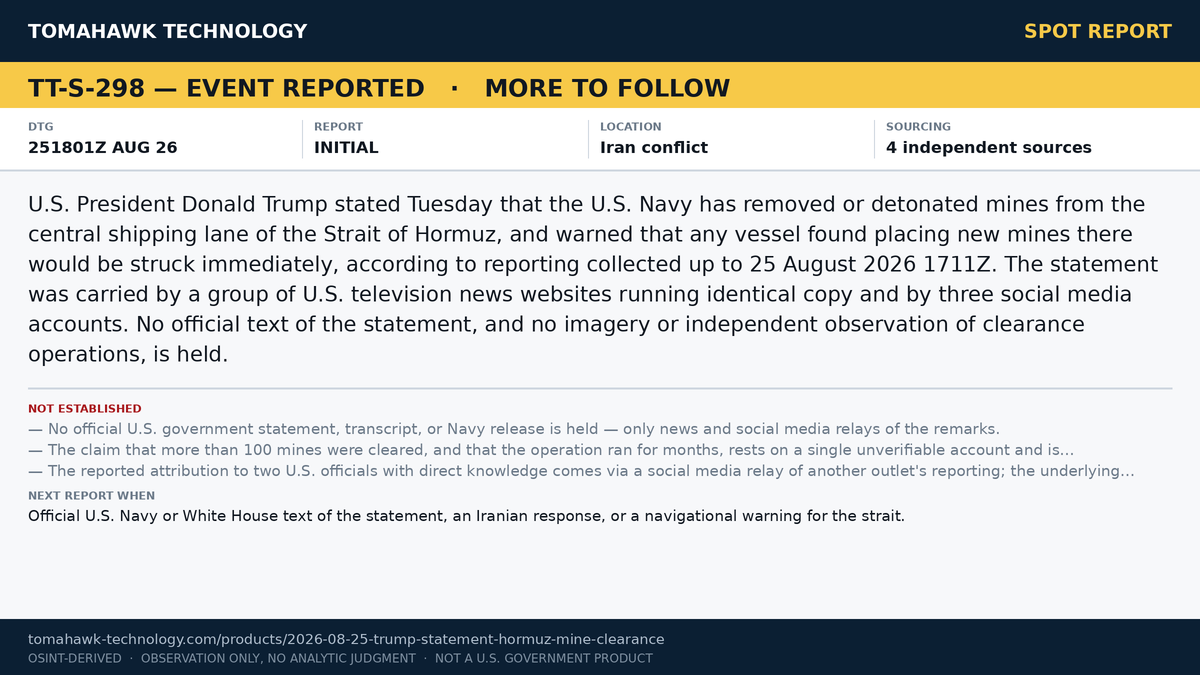 Trump Says U.S. Navy Cleared Mines From Strait of Hormuz Shipping Lane, Warns Against New Mining