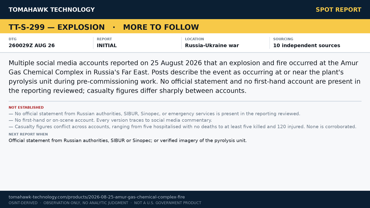 Social Media Accounts Report Explosion and Fire at Amur Gas Chemical Complex, Russian Far East