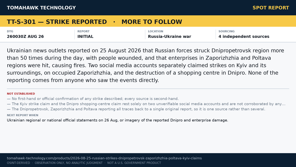 Ukrainian Outlets Report Day-Long Strikes on Dnipropetrovsk, Zaporizhzhia and Poltava Regions; Social Accounts Claim Kyiv Strikes