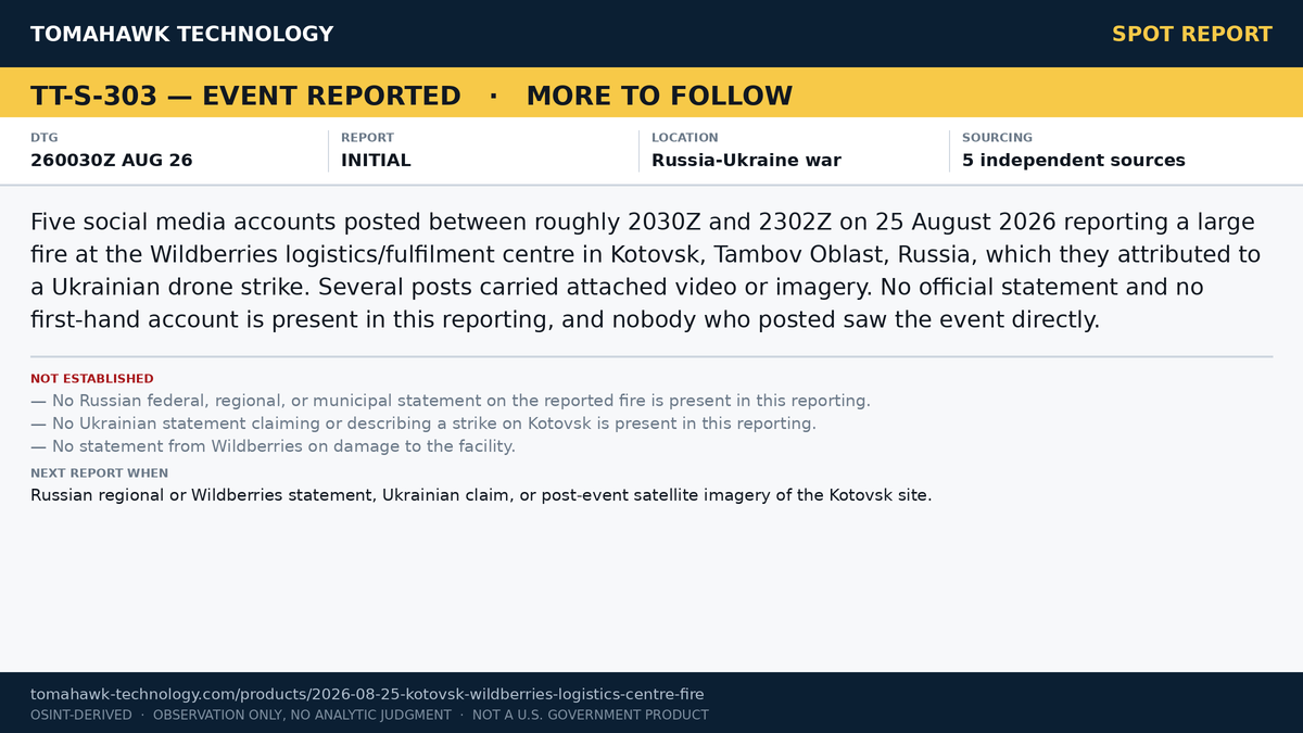 Social Media Accounts Report Fire at Wildberries Logistics Centre in Kotovsk, Tambov Oblast