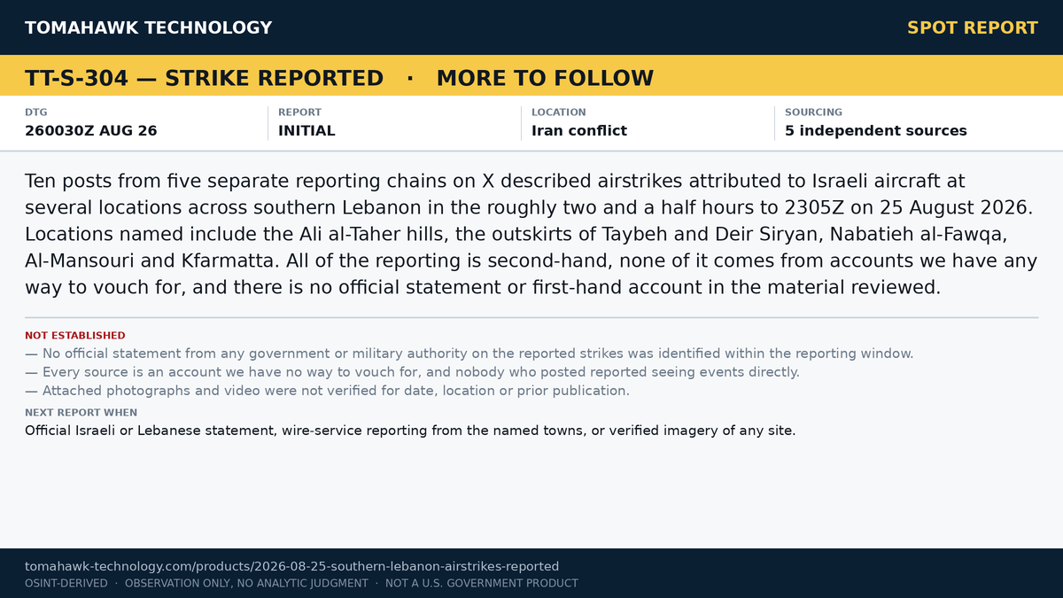 Social Media Accounts Report Israeli Airstrikes at Multiple Locations in Southern Lebanon, Evening 25 August