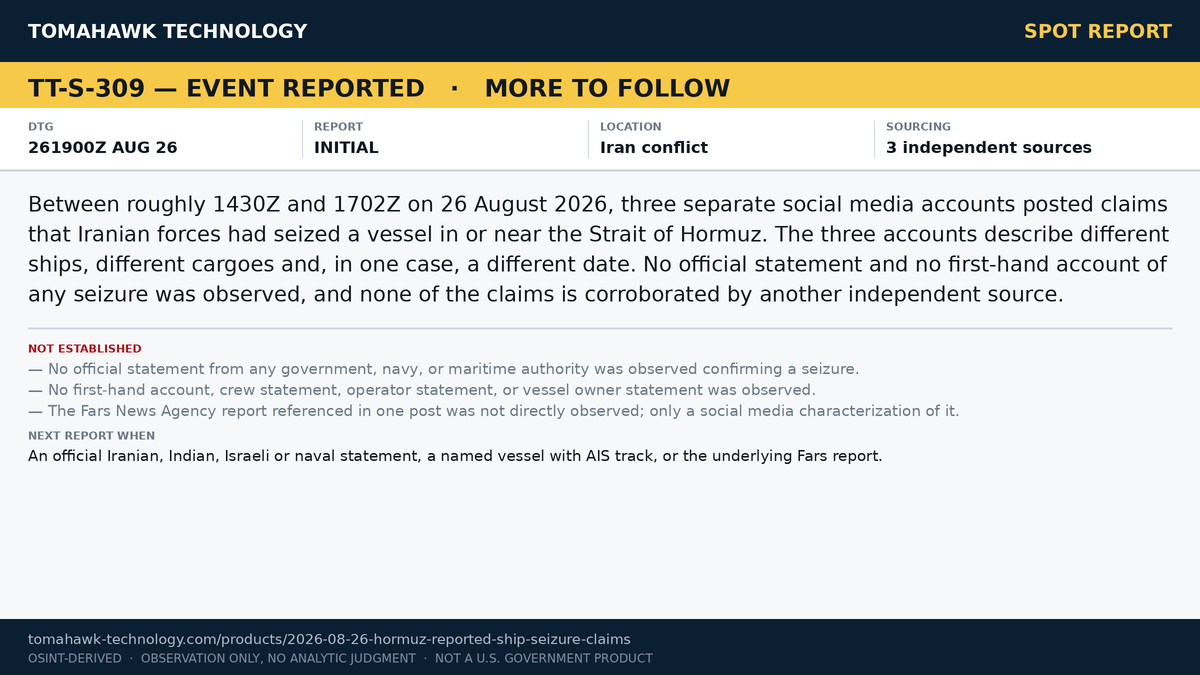 Social Media Accounts Report Iranian Seizure of Ship in Strait of Hormuz; Details Conflict