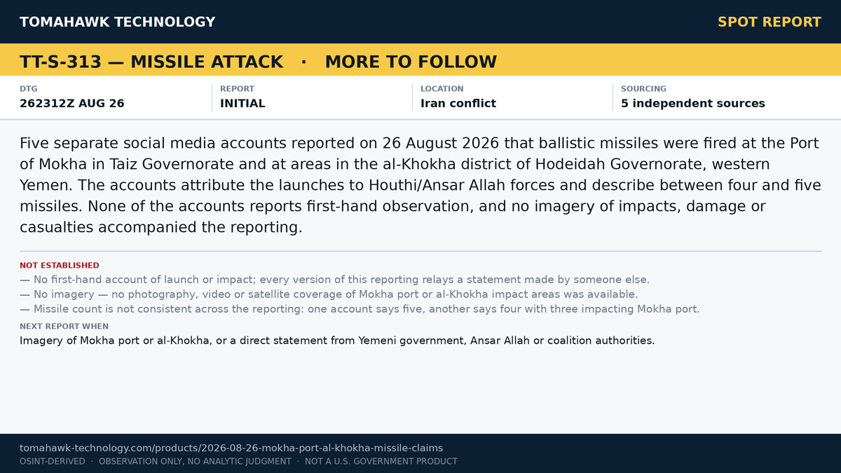 Social Media Accounts Report Ballistic Missile Impacts at Mokha Port and al-Khokha, Yemen