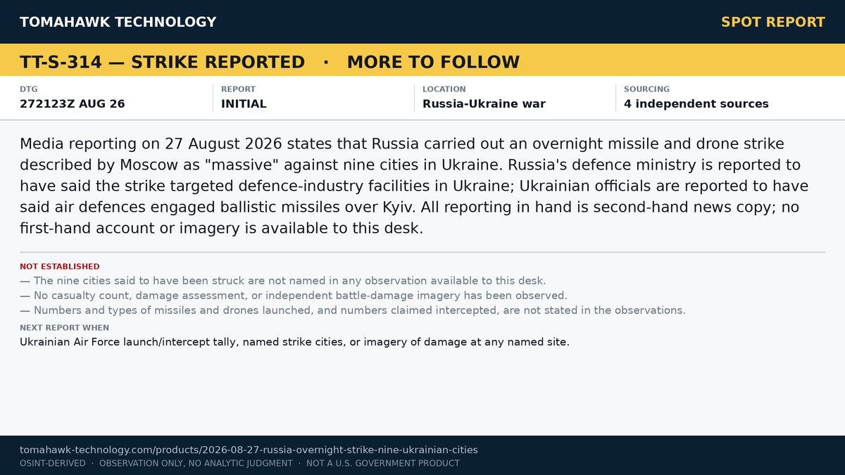 Russia States It Conducted Large Overnight Strike on Nine Ukrainian Cities