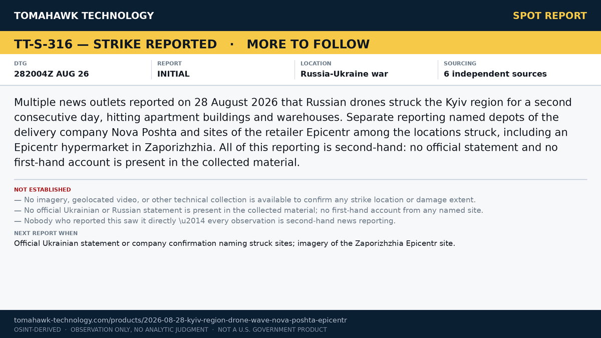 Reporting of Russian Drone Strikes on Kyiv Region Apartments and Warehouses, Nova Poshta and Epicentr Sites, 28 August