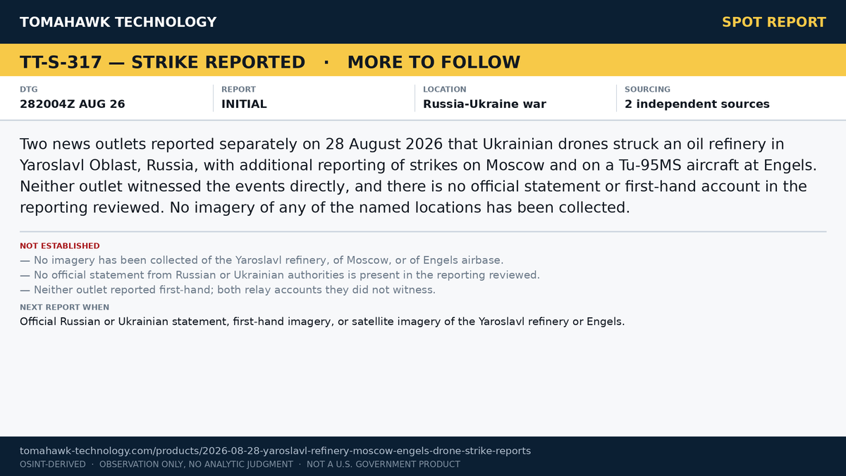 Two Outlets Report Ukrainian Drone Strikes on Yaroslavl Refinery, Moscow and Engels Airbase